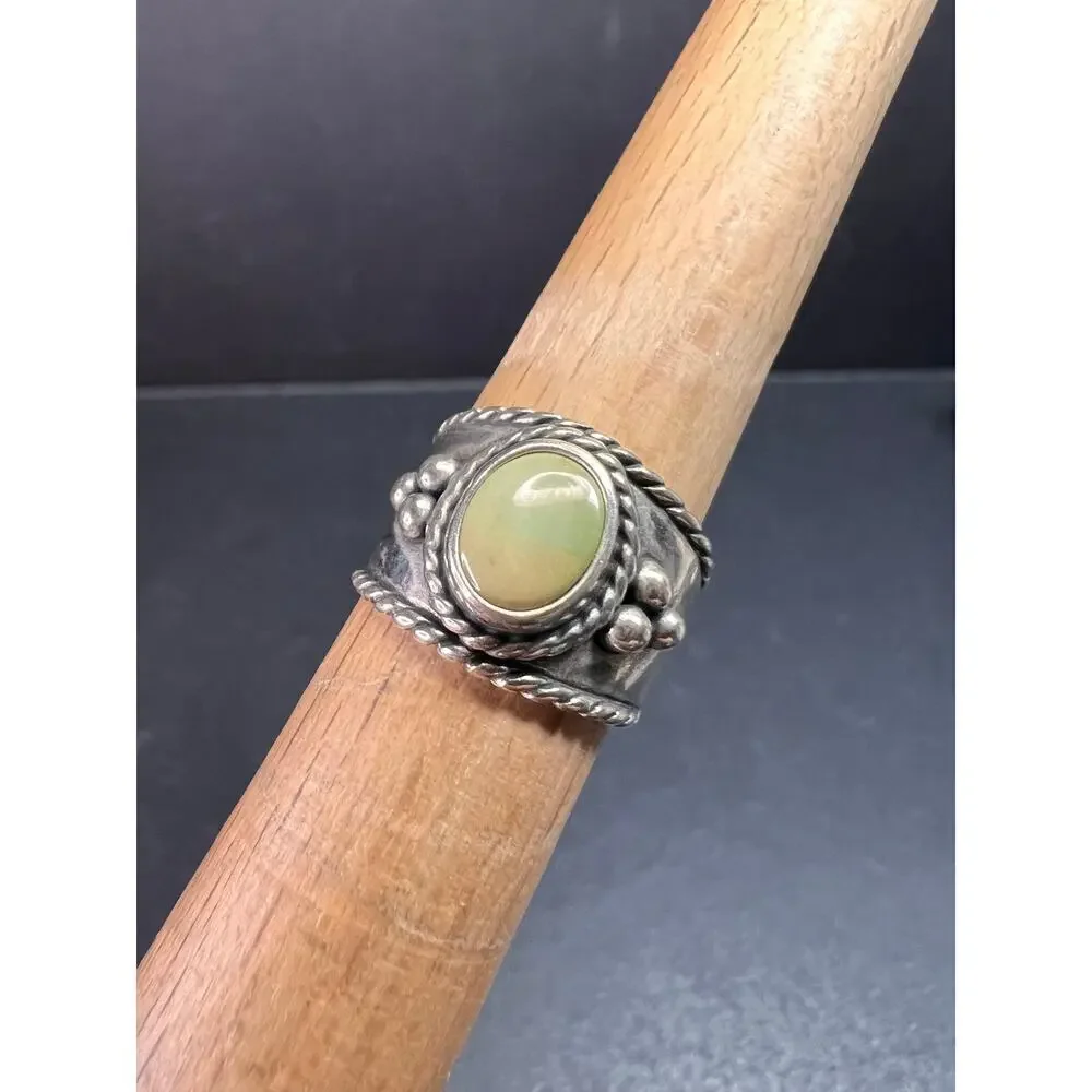 Vintage Sterling Silver Size 6 Ring | Artisan Style Green Cabochon Band